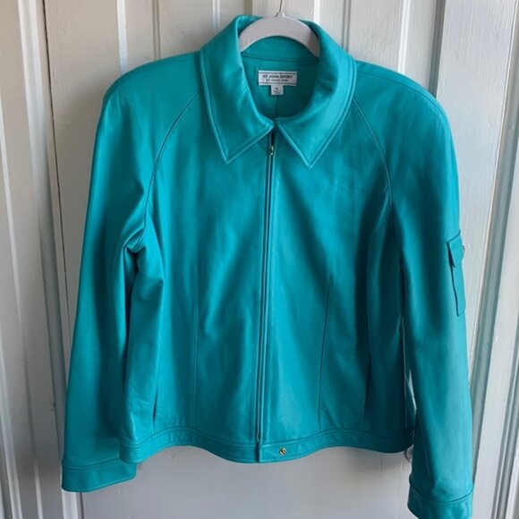 St John Sport by Marie Gray Leather Jacket Aqua - Picture 1 of 9